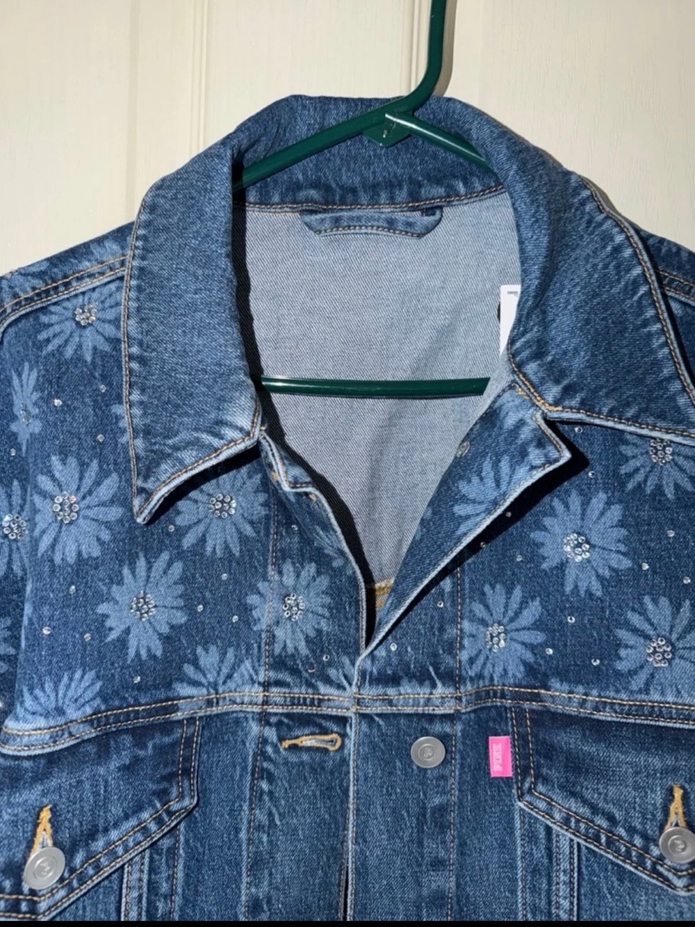 PINK Victoria's Secret Dark Blue Embroidered Denim Jacket